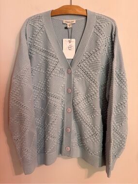 Coldwater Creek NWT Light Blue Pointelle Diamond Knit pattern cardigan sweater
